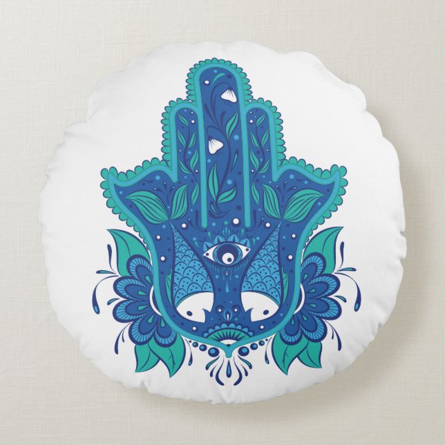 Blauw Hamsa-ontwerp Rond Kussen (Voorkant)