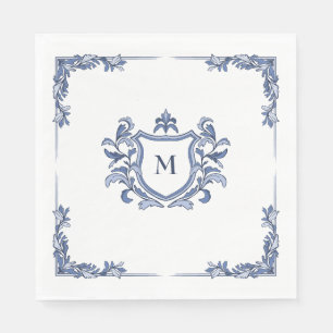 Blauw handgetekend vintage wapenschild monogram tr servet