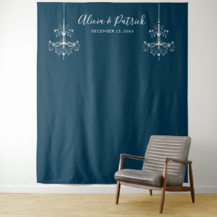 Blauw hangende kroonluchters Huwelijksfotobackdrop Wandkleed