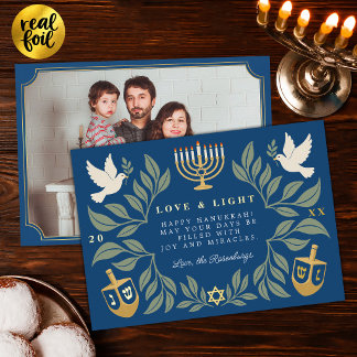 Blauw Hanukkah Joodse Duif Foto Folie Feestdagenkaart