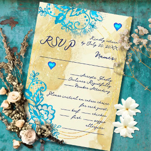 Blauw Hart Barok Gouden Kant Mexicaanse Bruiloft RSVP Kaartje