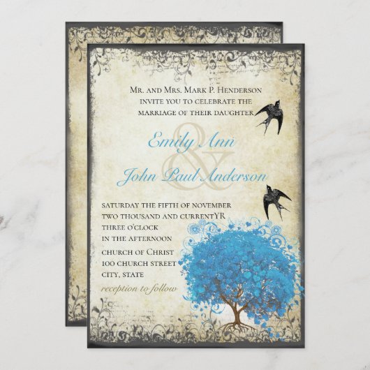 Blauw hart Bladeren  vogelperkament Kaart (Voorkant / Achterkant)