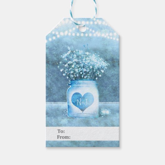 Blauw Hart Mason Pot & Baby's Breath Rustic Cadeaulabel (Voorkant)