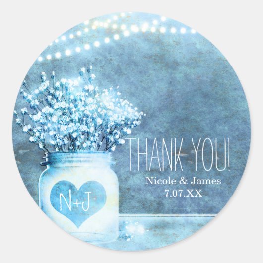 Blauw Hart Mason Pot & Baby's Breath Trouwgunst Ronde Sticker (Voorkant)