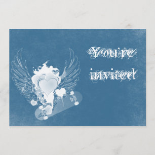 Blauw hart met Angel Wings-uitnodiging Kaart