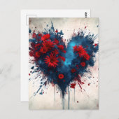 Blauw hart met rode bloemen briefkaart (Voorkant / Achterkant)