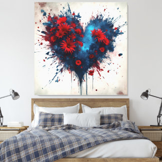 Blauw hart met rode bloemen canvas afdruk