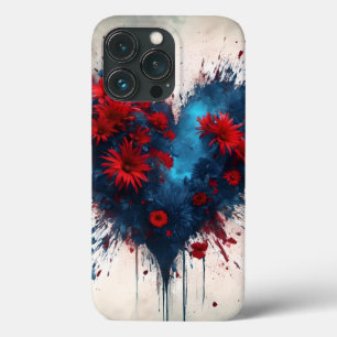 Blauw hart met rode bloemen iPhone 13 pro hoesje