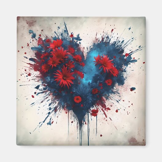 Blauw hart met rode bloemen magneet (Voorkant)