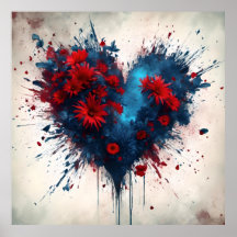 Blauw hart met rode bloemen