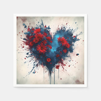 Blauw hart met rode bloemen servet