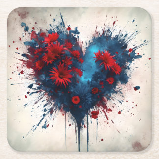 Blauw hart met rode bloemen vierkante kartonnen onderzetter