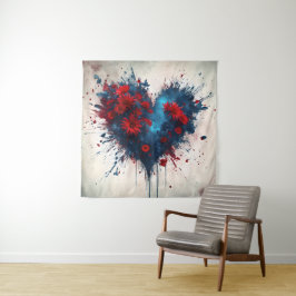 Blauw hart met rode bloemen wandkleed