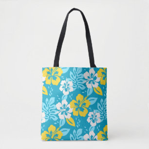 Blauw Hawaiiaans Hibiscus Bloemenpatroon Draagtas
