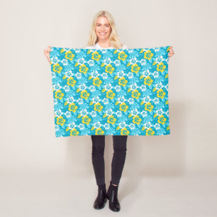 Blauw Hawaiiaans Hibiscus Bloemenpatroon Fleece Deken