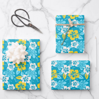 Blauw Hawaiiaans Hibiscus Bloemenpatroon Inpakpapier Vel