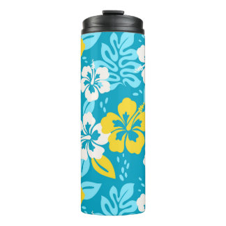 Blauw Hawaiiaans Hibiscus Bloemenpatroon Thermosbeker