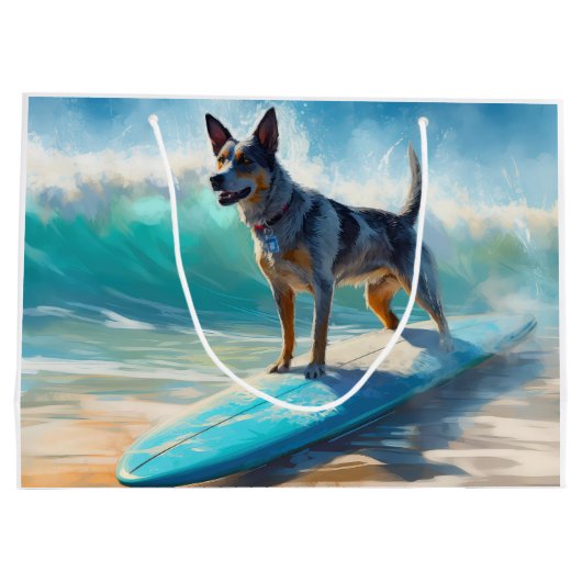 Blauw Heeler strand surfen schilderij Groot Cadeauzakje (Achterkant)