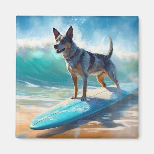 Blauw Heeler strand surfen schilderij Magneet (Voorkant)