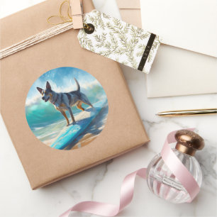 Blauw Heeler strand surfen schilderij Ronde Sticker