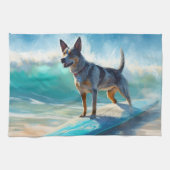 Blauw Heeler strand surfen schilderij Theedoek (Horizontaal)
