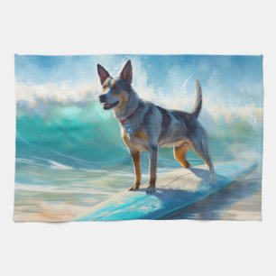 Blauw Heeler strand surfen schilderij Theedoek