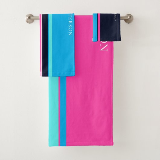 Blauw & Heet Roze Lijn Stijl Gepersonaliseerd Bad Handdoek (Insitu)