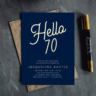 Blauw Hello 70 Goud Schrift 70ste verjaardagsfeest Folie Uitnodiging