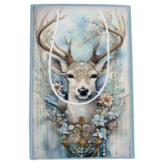 Blauw hert met bloemenkrans medium cadeauzakje (Voorkant)