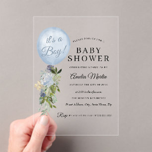 Blauw Het is een jongen Ballon Baby Shower Acryl Uitnodigingen