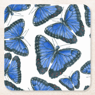Blauw het patroonontwerp van de morphovlinder vierkante kartonnen onderzetter