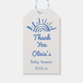 Blauw Hier komt het met de hand getekende Baby sho Cadeaulabel (Voorkant)