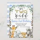 Blauw Hij is Twee Wild Cheetah Print 1e Verjaardag Kaart (Voorkant / Achterkant)