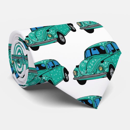 Blauw Hippie Auto Kunstwerk Stropdas (Opgerold)