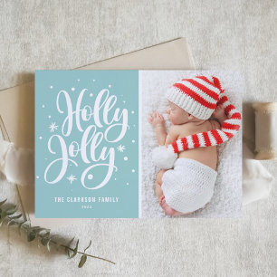 Blauw Holly Jolly Hand Lettering Baby Foto Feestdagenkaart