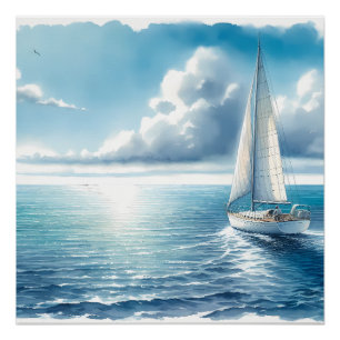 Blauw Horizon Eenzame Zeilboot Perfect Poster