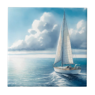 Blauw Horizon Eenzame Zeilboot Tegeltje