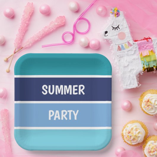 Blauw horizontaal gestreept papieren bordje (Feest)