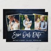 Blauw hout 3 Foto opslaan op onze datumkaart Save The Date (Voorkant / Achterkant)