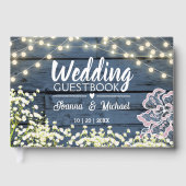 Blauw Hout Baby's Breath Lights & Kant Bruiloft Gastenboek (Voorkant)