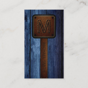 blauw hout bruin leder visitekaartje