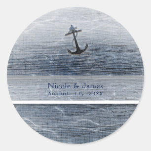 Blauw hout Elegant Nautical Beach Zee Verloving Ronde Sticker