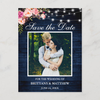 Blauw Hout Lichten Roze Bloemen Foto Save the Date Briefkaart