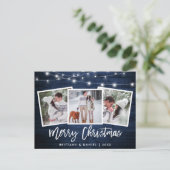 Blauw hout met penseelscript 3 Kerstmis foto's Briefkaart (Staand voorkant)