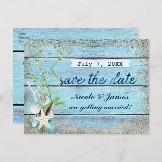 Blauw Hout Strand Tropisch Bewaar De Datum Kaart (Voorkant / Achterkant)