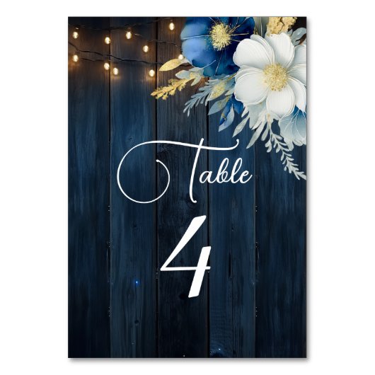 Blauw Hout String Lichten Bloemen Tafel Nummer Kaart (Voorkant)