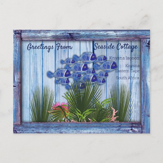 blauw hout, vis, roze koraal briefkaart (Voorkant)