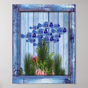  blauw hout, vis, roze koraal poster