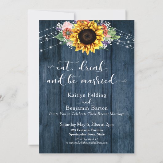 Blauw Hout Zonnebloem Eet Drink en wees getrouwd Kaart (Voorkant)