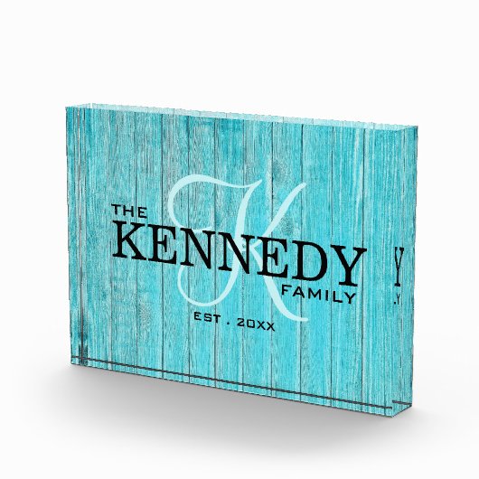 Blauw Houten Familie Monogram Achternaam Typografi Fotoblokken (Rechts)